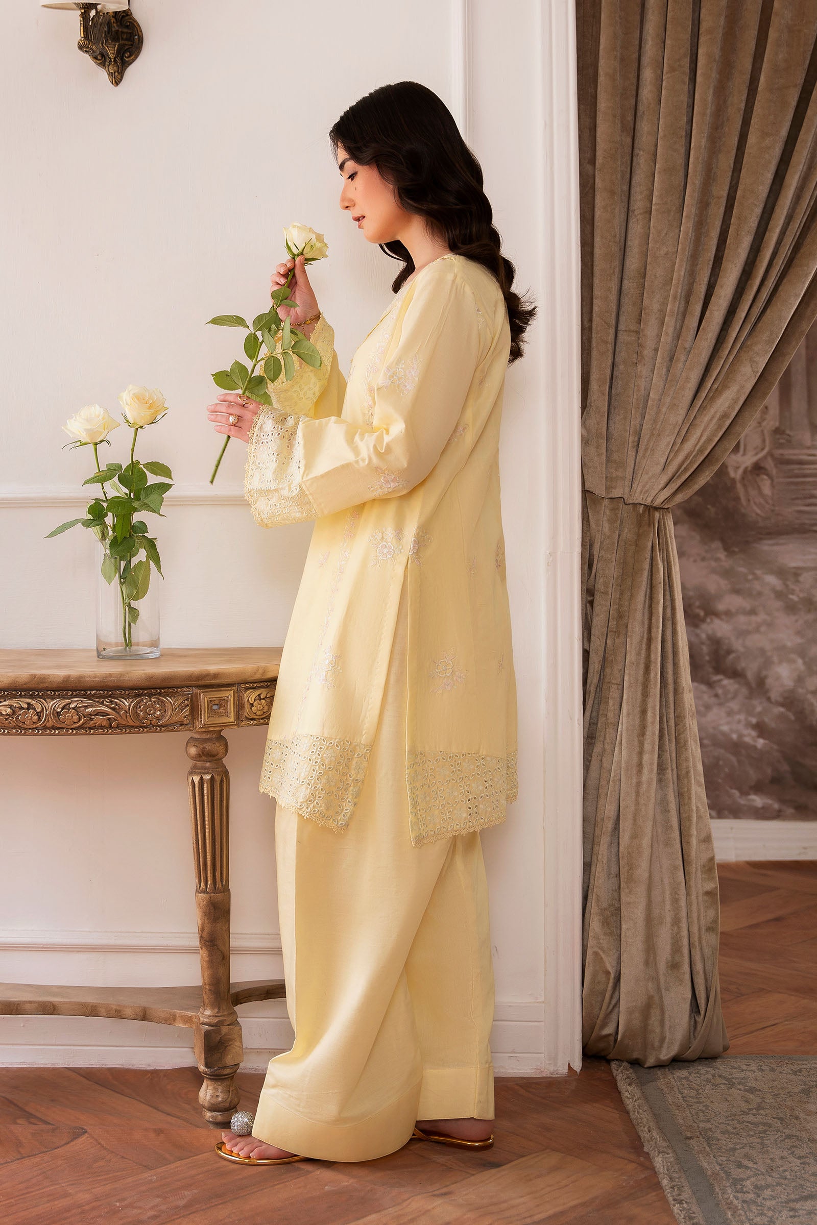 Pastel Yellow Embroidered two piece