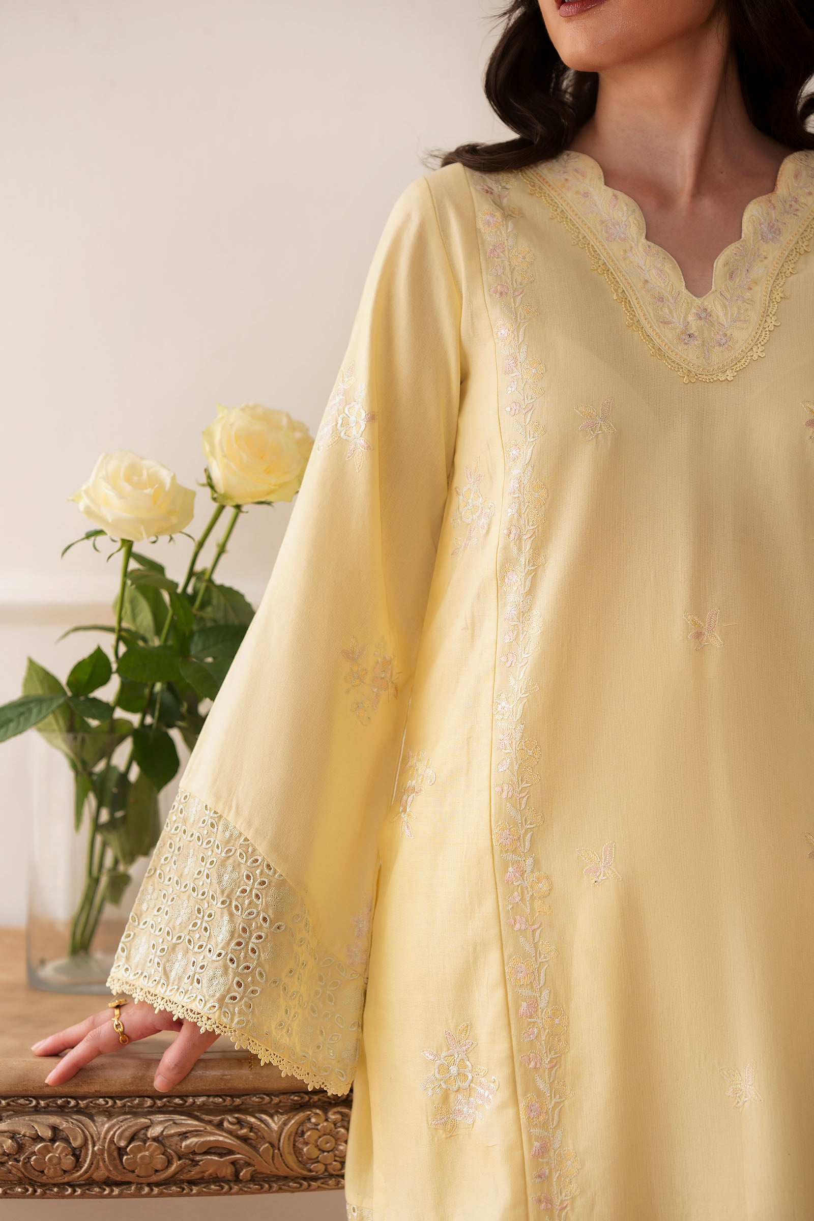 Pastel Yellow Embroidered two piece