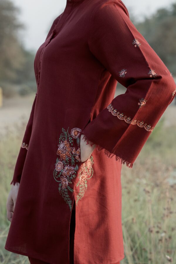 Burgundy Blossom - Ensemble with artful pocket embroidery and sleeve bails - Image 3