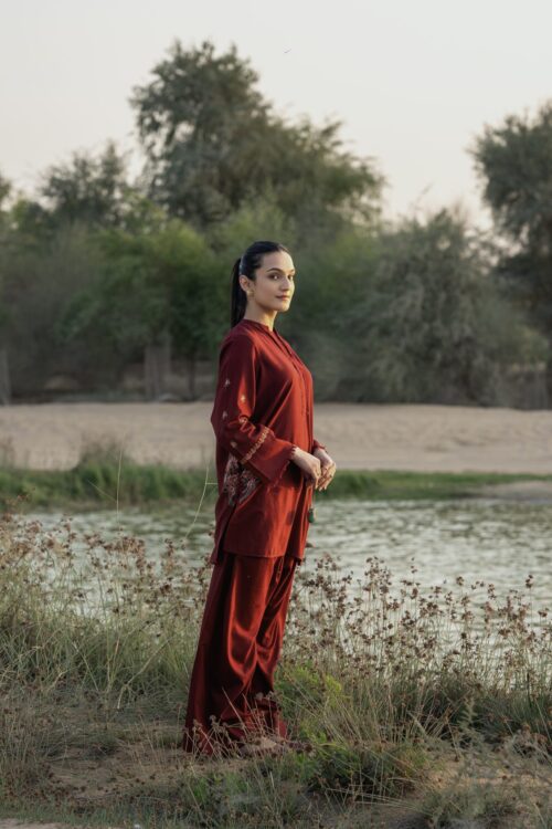 Burgundy Blossom – Ensemble with artful pocket embroidery and sleeve bails