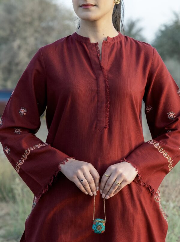 Burgundy Blossom - Ensemble with artful pocket embroidery and sleeve bails - Image 2